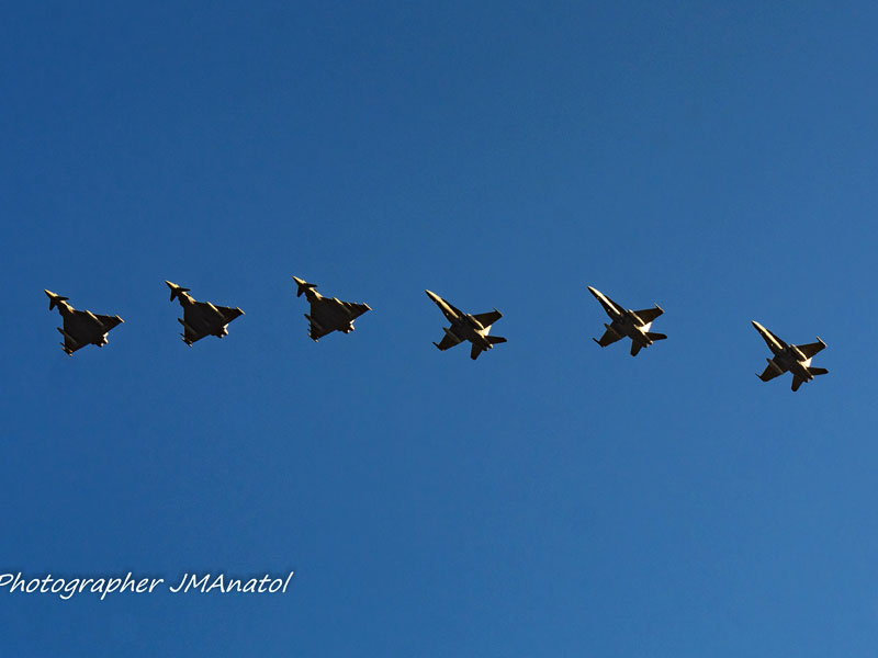 Formación de F-18 y Eurofighter. Foto de Anatol